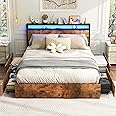Kiivakii Queen Size Bed Frame with 4 Storage Drawers, LED Platform Bed with Headboard, Built in Charging Station, Noise-Free, Metal Support Base, No Box Spring Needed, Rustic Brown