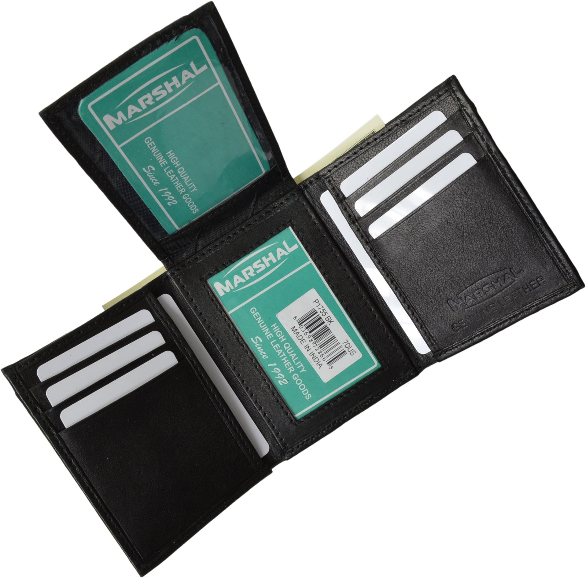 Leather Men Tri Fold Wallet FIXED Flip Up Window ID Black By Marshal