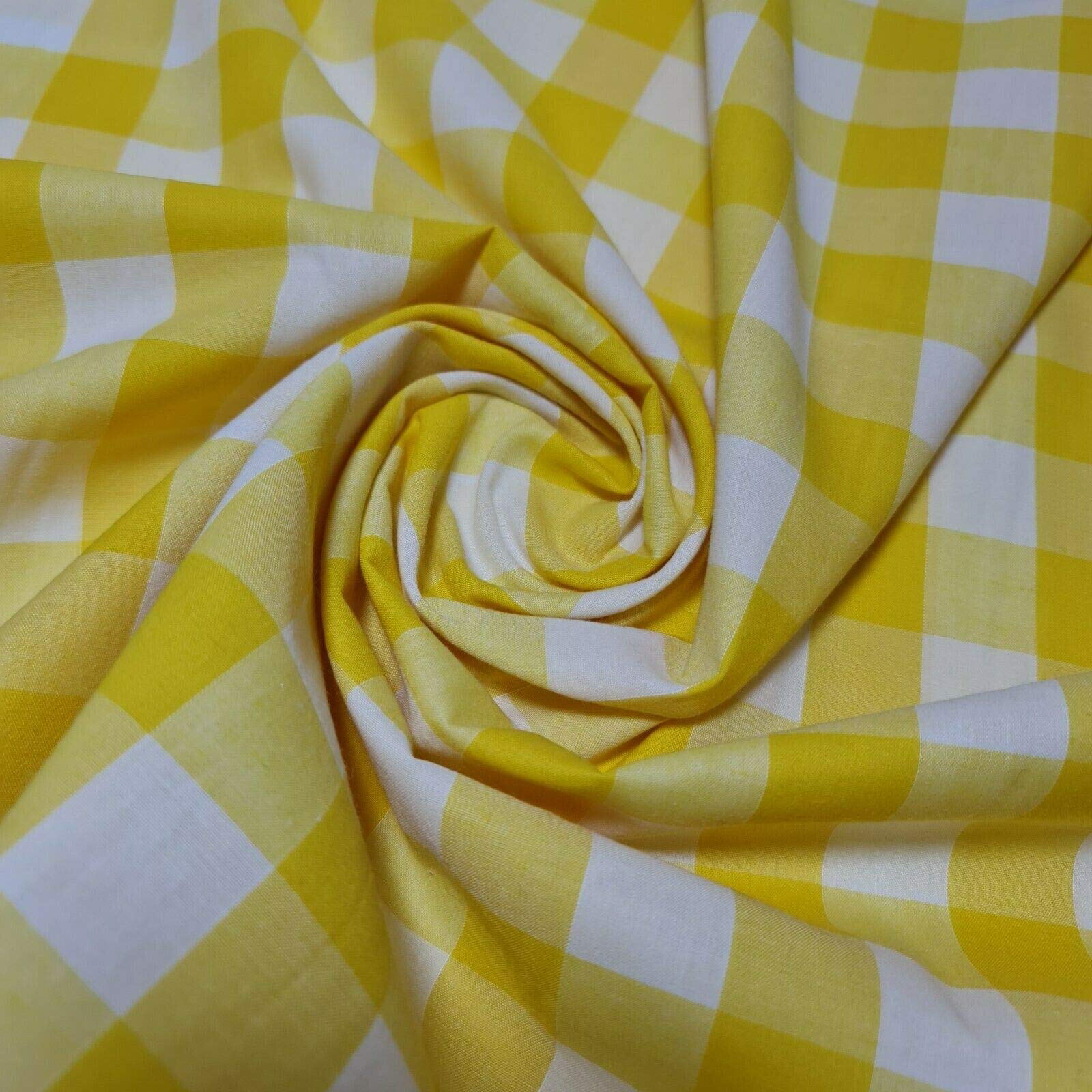 Polycotton Fabric 1" Gingham Check Material Dress Craft Uniform Checked 112cm (Yellow, 2 Meter) — image 1