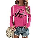 Breast Cancer Shirts for Women Breast Cancer Awareness T-Shirt Pink Ribbon Long Sleeve Tee Tops