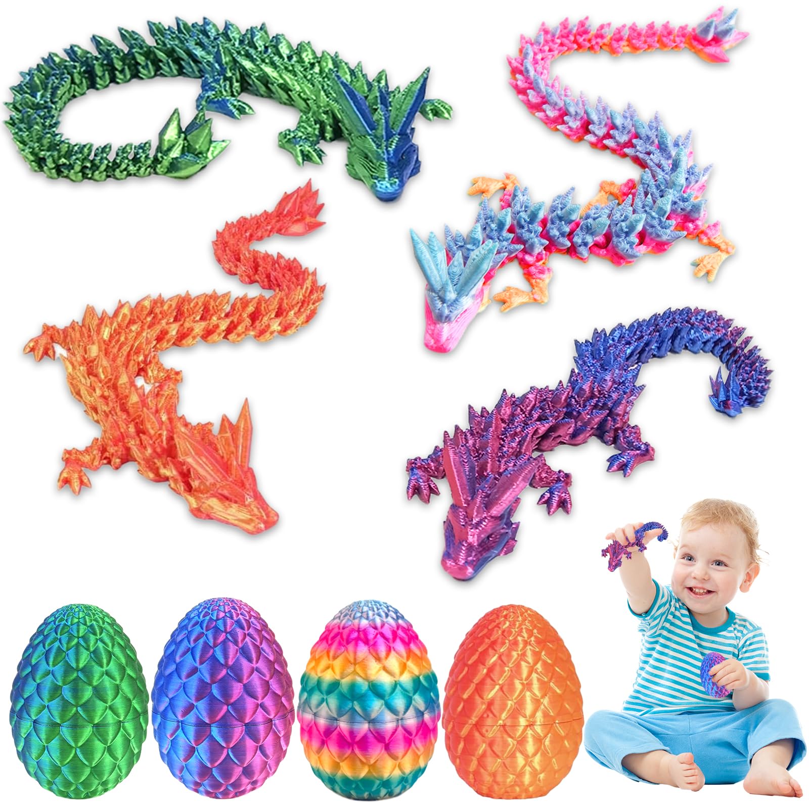 4PCS Dragon Eggs with Dragon Inside,Easter Eggs Gifts for Kids 3D Printed Fantasy Dragon Articulated Dragon Crystal Dragon Egg 3D Printed Fidget Toy For Easter Decorations Home Party