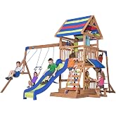 Backyard Discovery Beach Front Cedar Wood Swing Set with Wave Slide, Play Deck, Monkey Bars, Rock Wall Ladder, Shaded Picnic Area, Snack Bar, Belt Swings, Trapeze, Sandbox Area, Outdoor Playset