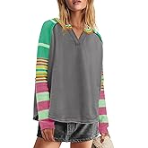 Panadila Womens Striped Long Sleeve Shirt Color Block Raglan Shirt V Neck Patchwork Pullover Tops Casual Cute Top