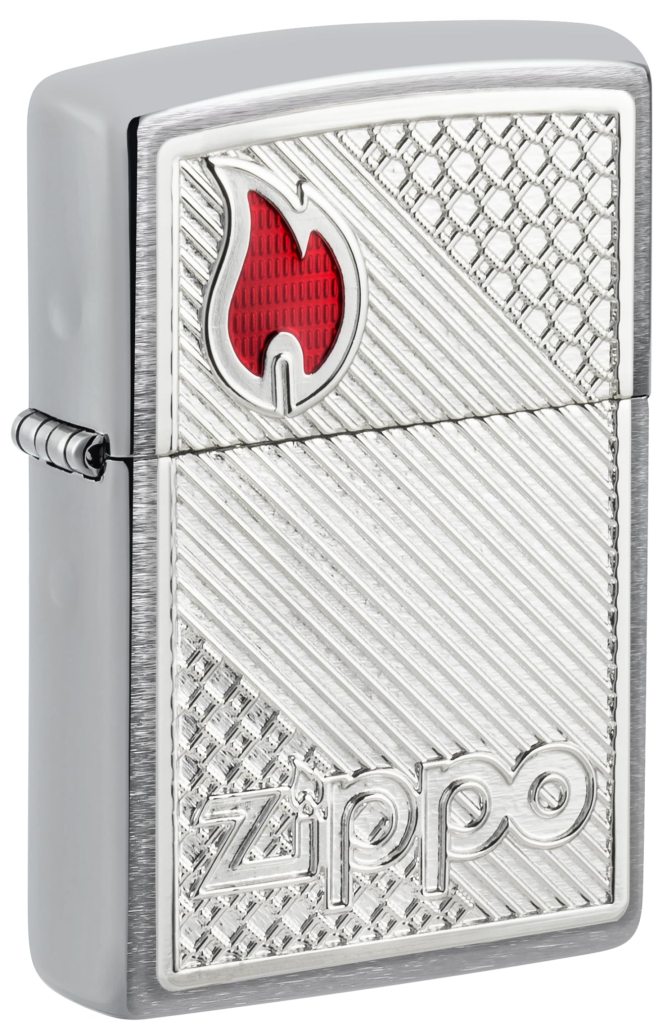 Zippo Windproof Lighter, Red Logo Tiles Pattern Design – Brushed Chrome, Emblem – Refillable, Reusable, Windproof Design – Comes in Gift Box – Made in USA