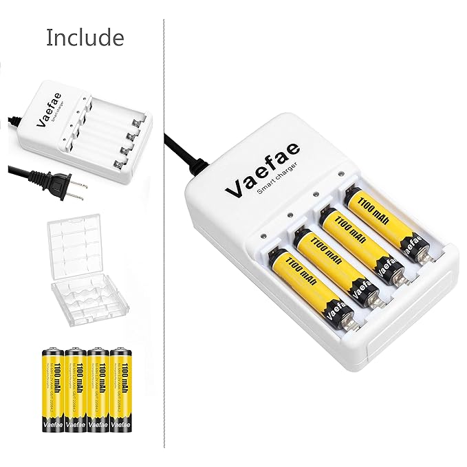 Vaefae 4 Bay Individual Smart Battery Charger B for AA AAA Ni-MH Ni-CD Rechargeable Batteries, with 4 Pieces 1100mAh Ni-MH AAA Rechargeable Batteries,with Storage Box