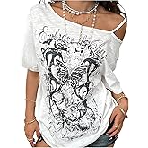Floerns Women's Gothic Cold Shoulder T Shirts Half Sleeve Hip Hop Butterfly Tee Tops