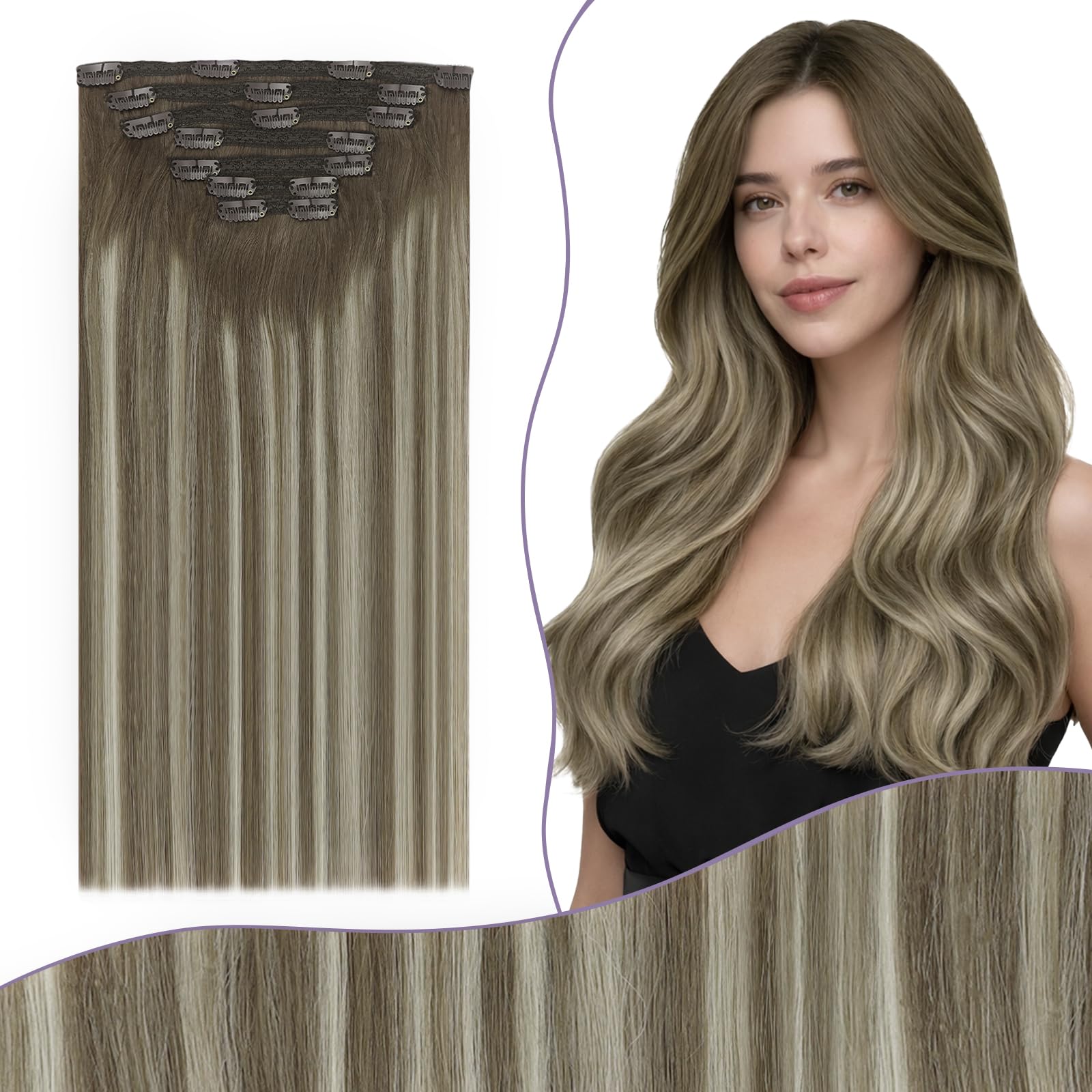 Fshine Ombre Clip in Extensions Human Hair 20 Inch 150g 7Pcs Balayage Brown to Blonde Real Hair Extensions Invisible Thick Full Head โ image 1