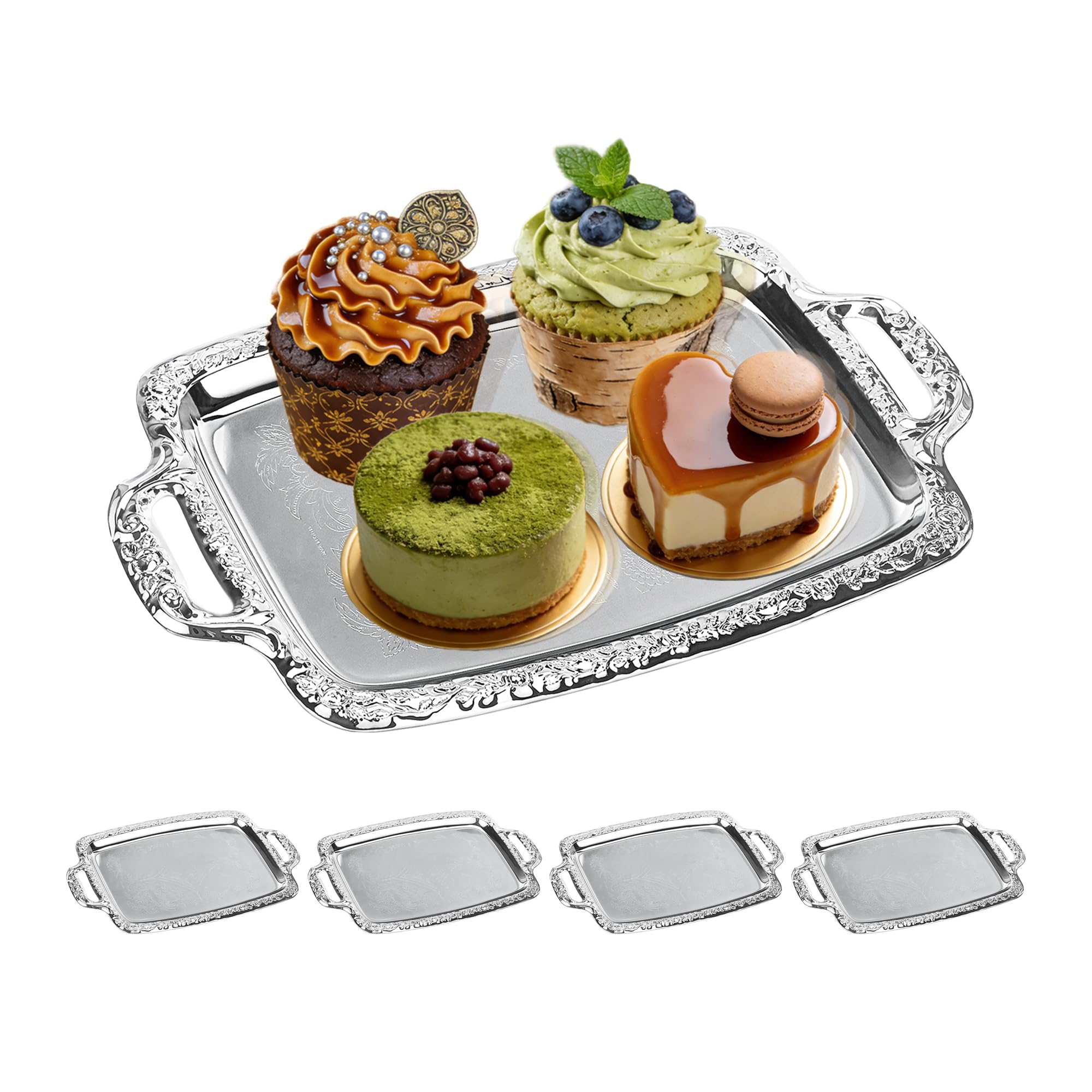 Photo 1 of 2-Pack Silver Serving Tray - Stainless Steel Platter with Handles Mirror Finish Silver Plates for Appetizers, Cookies, Charcuterie, Party Food Display & Home Decor