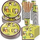 Rtteri 250 Pcs Monkey Birthday Party Supplies Jungle Monkey Party Decorations Tableware Paper Plates Napkins Straws Cups Wild Jungle Safari Animal Disposable Dinnerware for 50 Guests Baby Show Favors