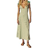 DURUNUL Women Casual Summer Striped Dresses Smocked V Neck Bow Beach Dress Sleeveless Sundress Beach Long Flowy Dress