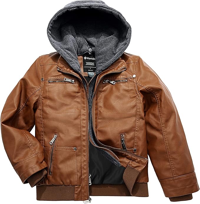 Wantdo Boy's Faux Leather Jacket Waterproof Zipper Coat