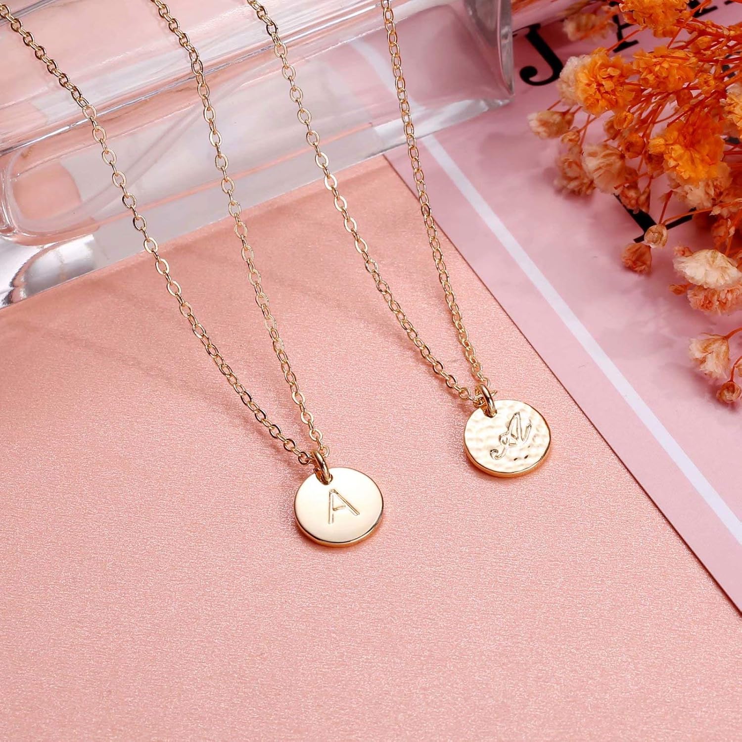 Tiny Letter Necklace for Women Girls, 14K Gold Filled Engraved Alphabet Double Side Engraved Hammered Necklace Gifts for Girls Kids Pendant M: Jewelry