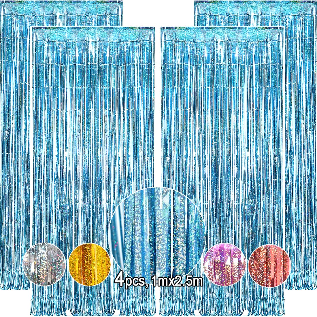 OEMG LSCL-4 4pcs 1mx2.5m Metallic Tinsel Foil Fringe Curtains Light Blue Laser Streamers Backdrop for Under the Sea Kids Birthday Boy Christening Frozen Halloween Wedding Party Decorations