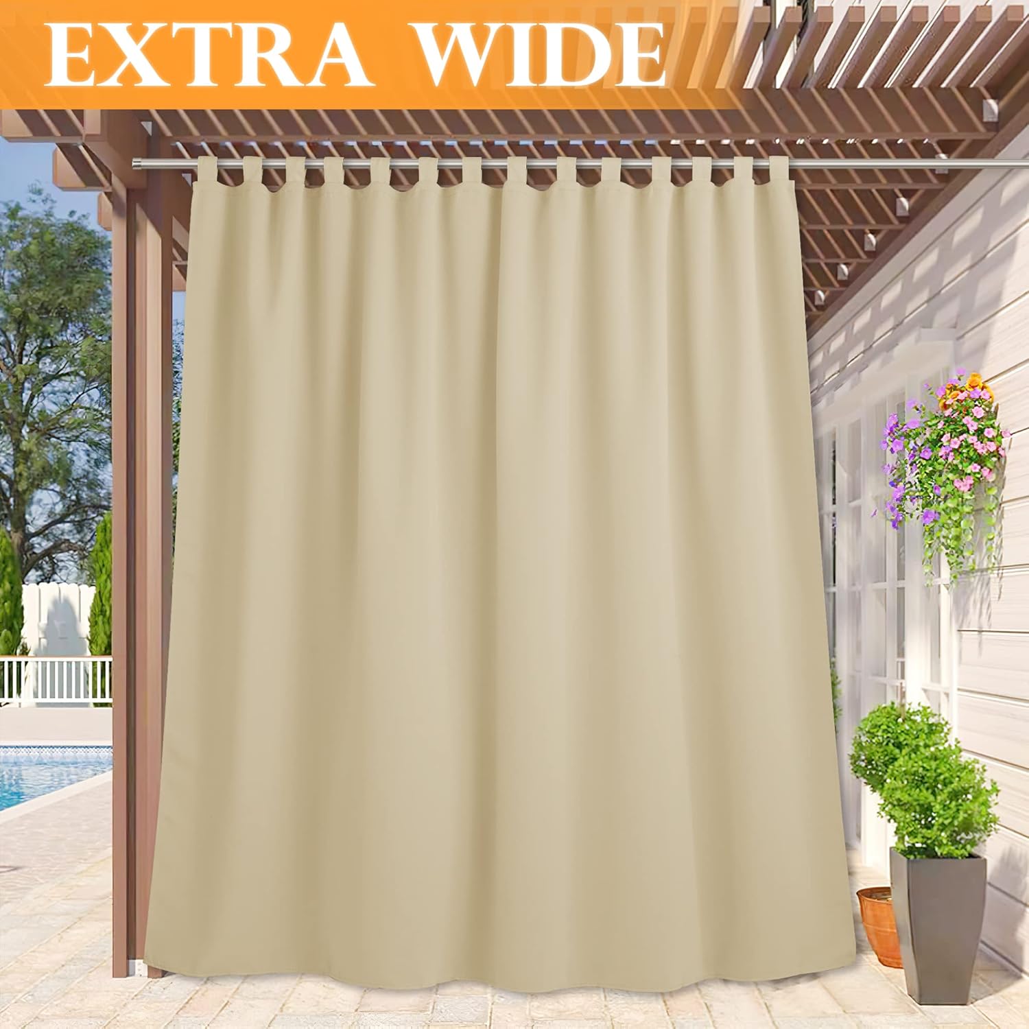 Outdoor Curtains - RYB HOME Wide Outdoor Curtains - Heat & Light Block Out Stain Proof Patio Curtain Outdoor Outside Deor Privacy for Pavilion Porch Backyard, 100 inch Wide x 84 inch Long, Cream Beige