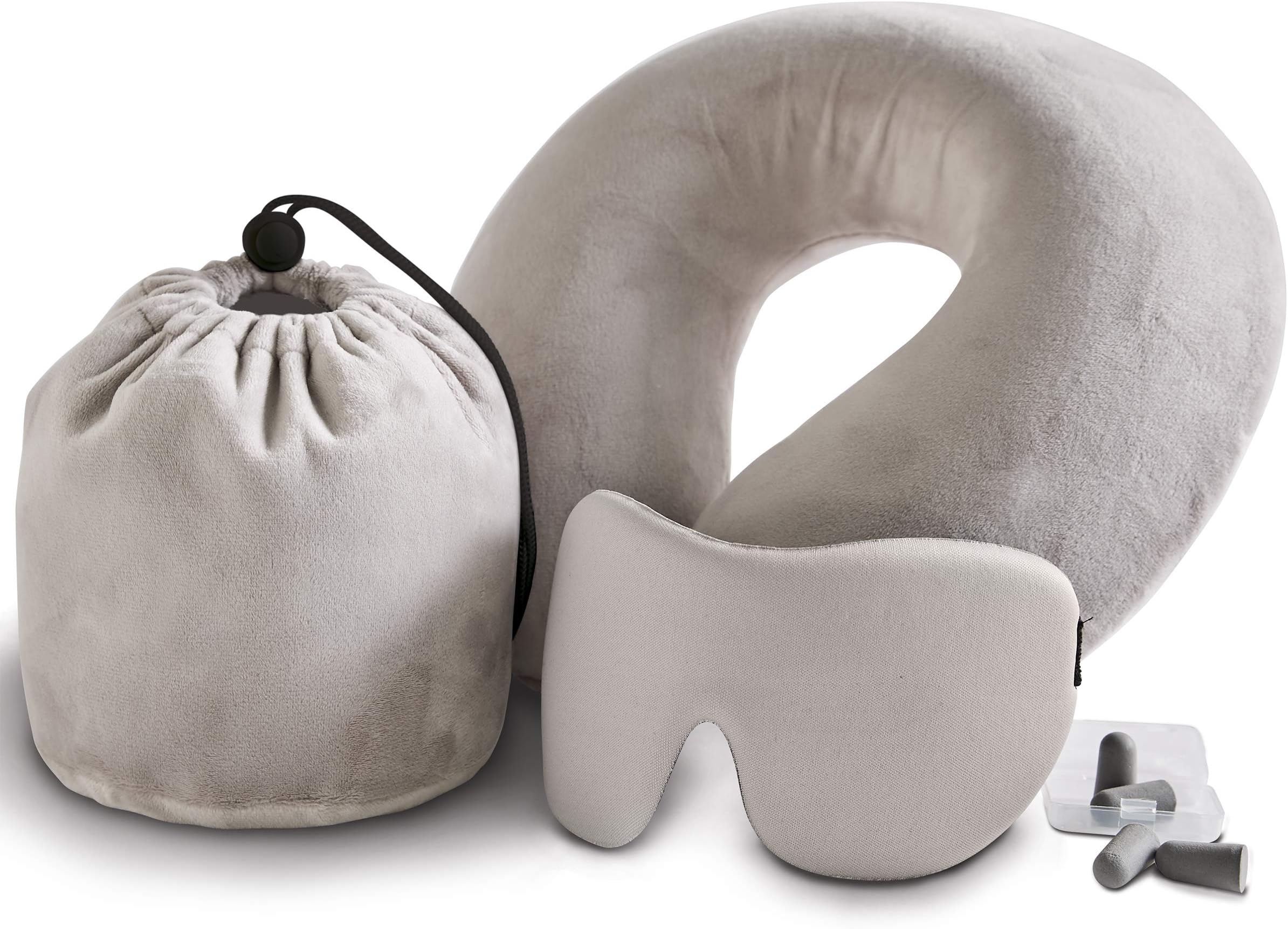 ORDER HOME COLLECTION 4-Piece Luxury Memory Foam Travel Set with Ergonomic Travel Neck Pillow, Sleep Mask, Two Pairs of Earplugs, and Soft Velour Storage Bag