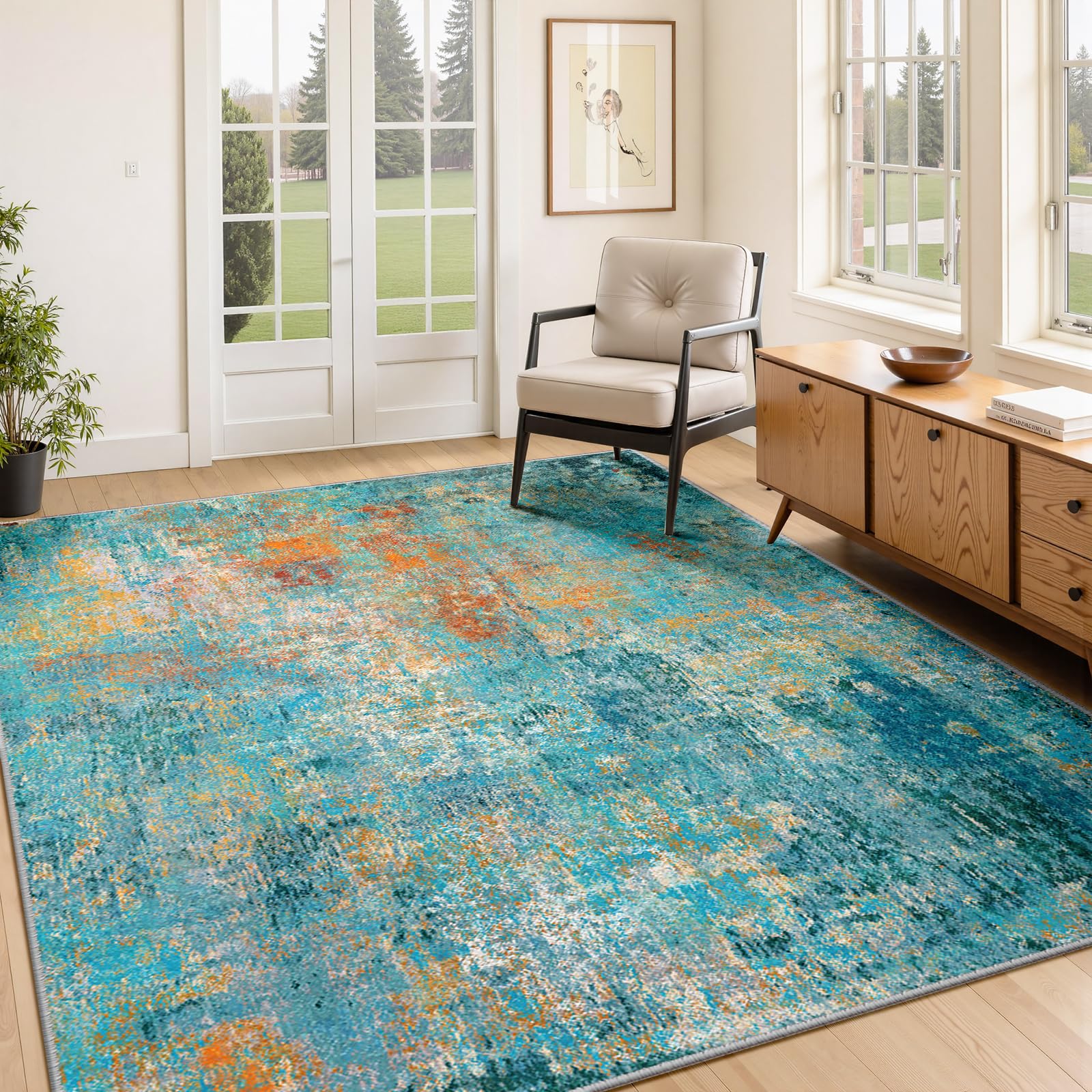 Photo 1 of RELEANY Washable Area Rugs 4'x6' Non-Slip Modern Abstract Soft for Living Room Entryway Bedroom Nursery, Print Pattern, Teal Blue Green Orange Rust Red Coloreful