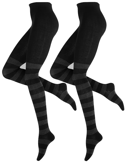 2 Stück Warme und Modische Damen Baumwoll Strumpfhose mit dezenten Blockstreifen in schwarz/anthrazit kombiniert, Strickstrum