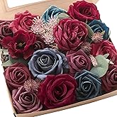 Floroom Burgundy Navy Blue Artificial Flowers Marsala Fake Roses Peonies Greenery Combo Box Set for DIY Dark Red Wedding Bouquets Bridal Shower Centerpieces Floral Arrangements Party Tables Decoration