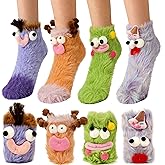 4 Pair Funny Crazy Socks for Women Novelty 3D Cute Animal Fuzzy Socks Soft Faux Mink Plush Crew Socks for White Elephant Gifts Sewn-on Eyes Stretchy Breathable Sleep Socks