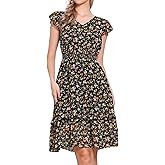 Allegra K Women's Summer Floral Dress Flutter Sleeve V Neck Ruffle Casual Beach Vacation Smocked Dresses