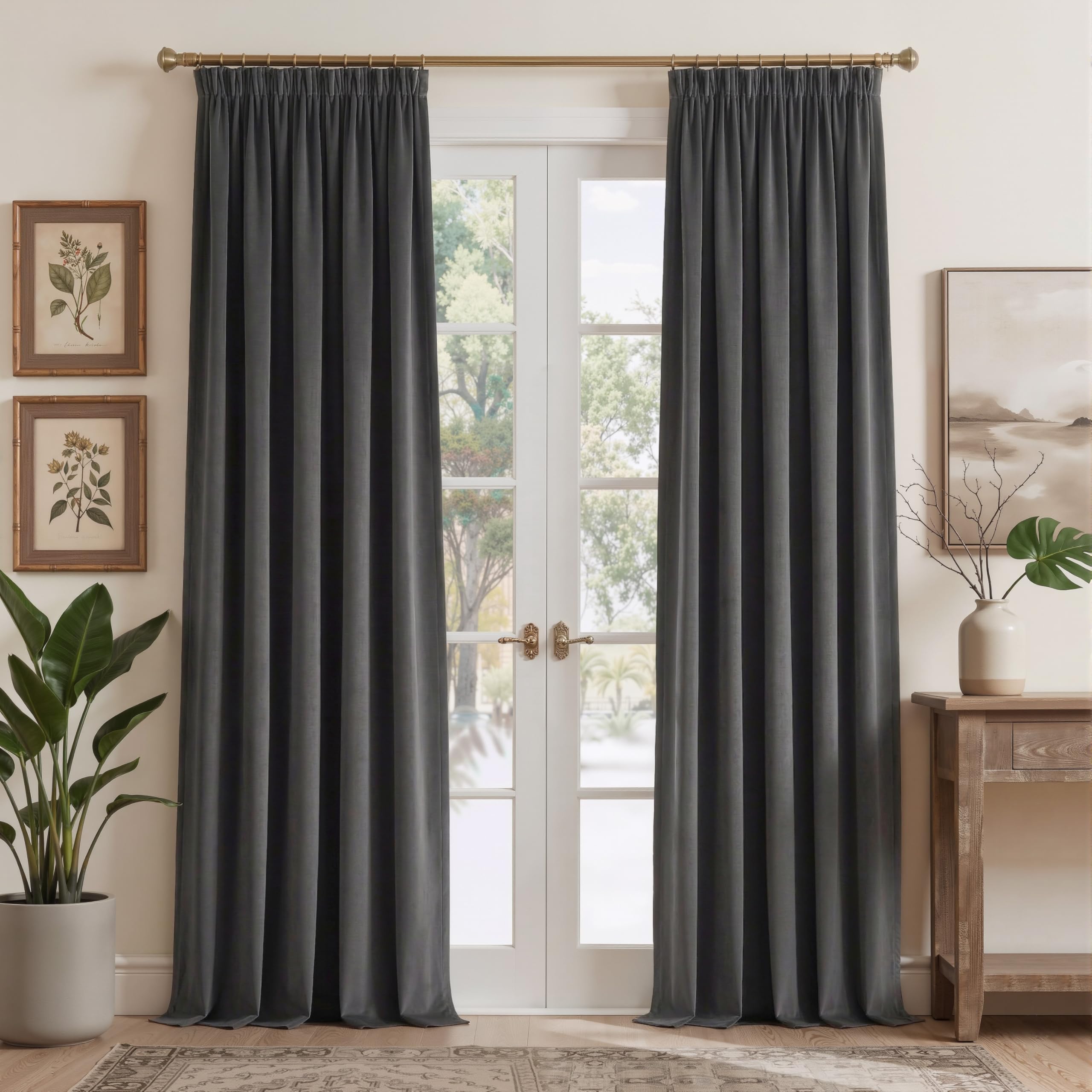 PONY DANCE Grey Velvet Blackout Pencil Pleat Curtains - Thermal Insulated Luxury Drapes with Rod Pocket for Living Room & Bedroom, 52x84 Inches, 2 Panels