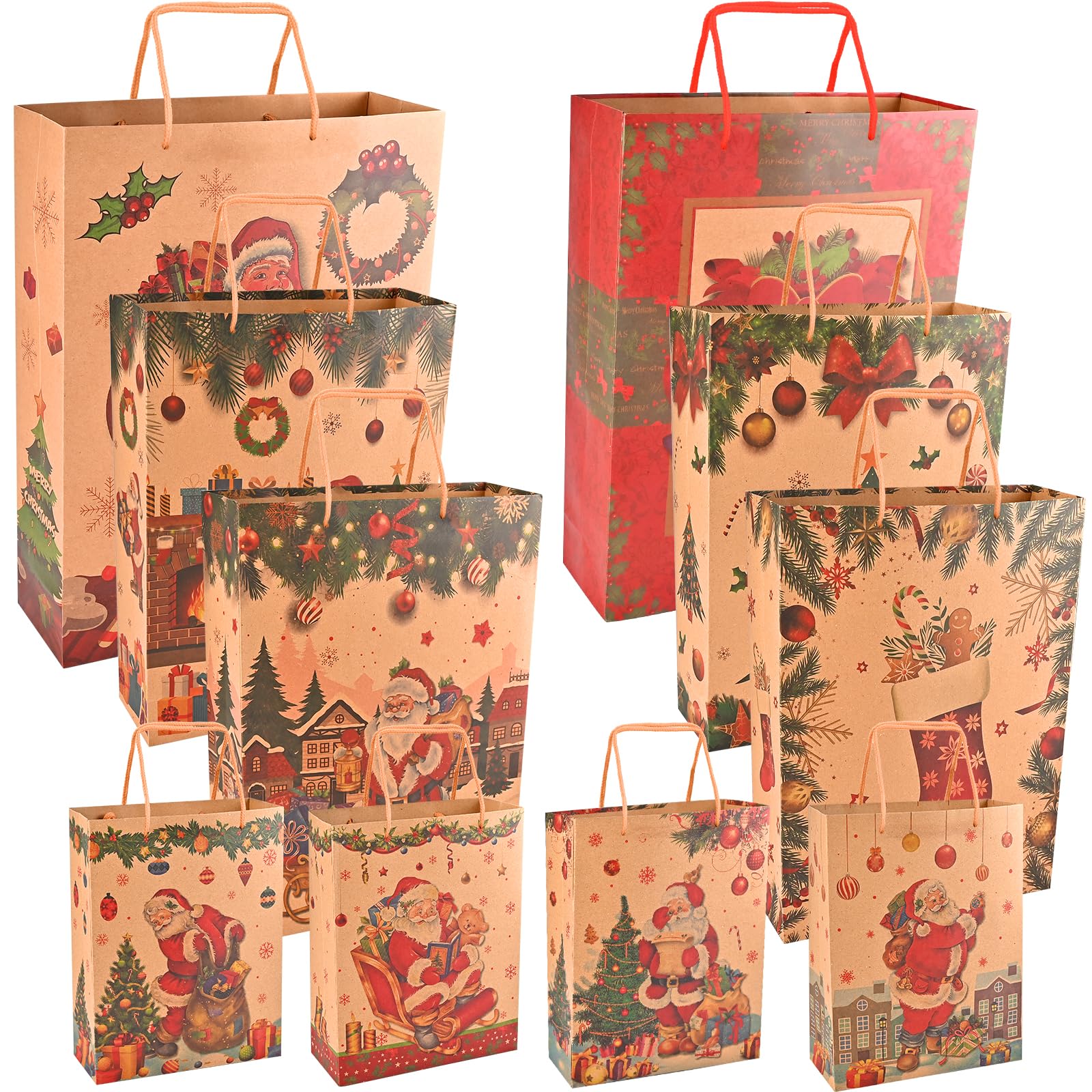 Cieex Christmas Bags for Gifts 10PCS Christmas Bags for Presents Reusable Xmas Bag for Presents Xmas Gift Supplies - 3 Sizes (S M L)