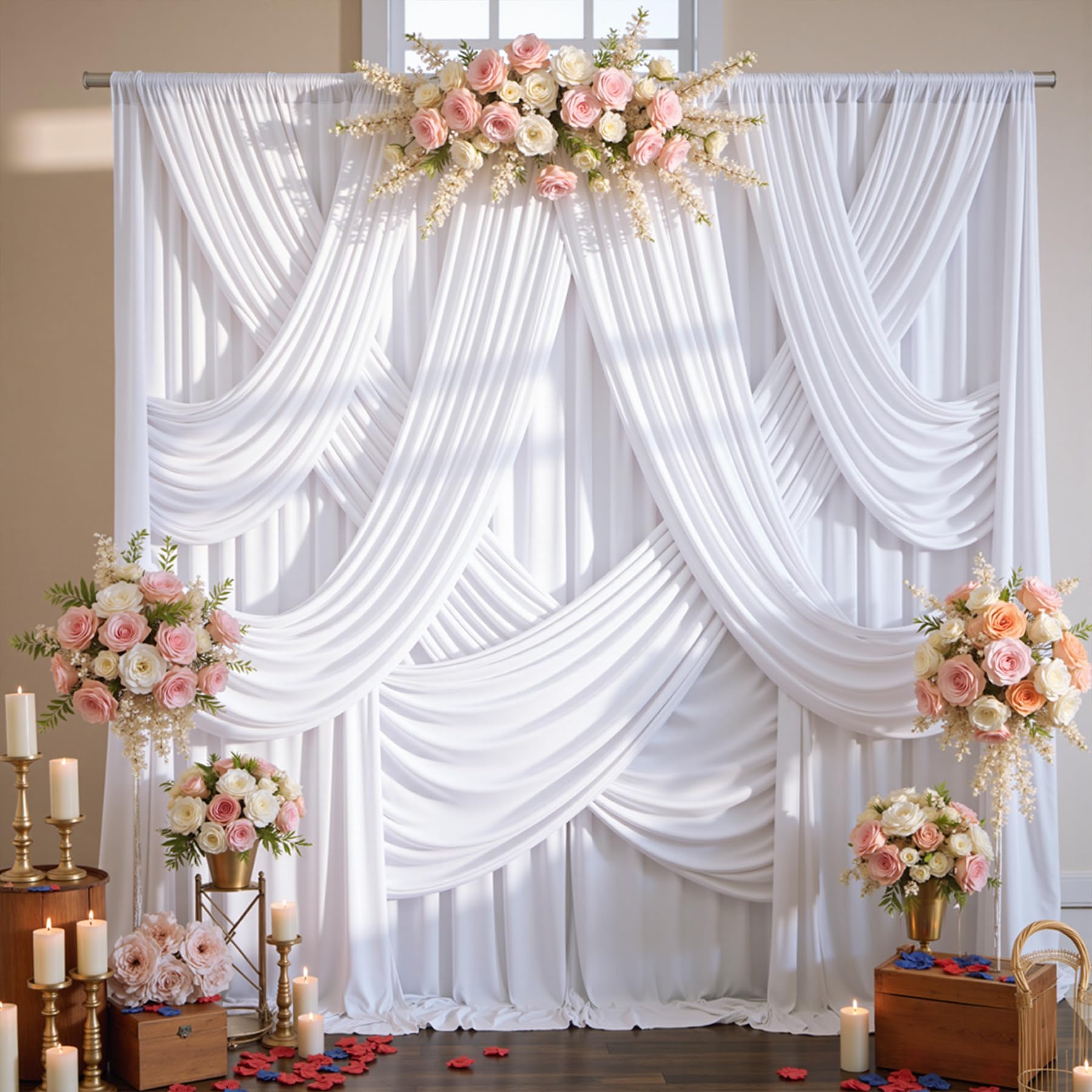 Photo 1 of 10ftx12ft Wrinkle Free White Backdrop Curtain for Wedding Parties, Silky Polyester 12 ft Long Photo Backdrop Drapes Back Drop Cloth Drapery for Birthday Baby Shower Photography Background