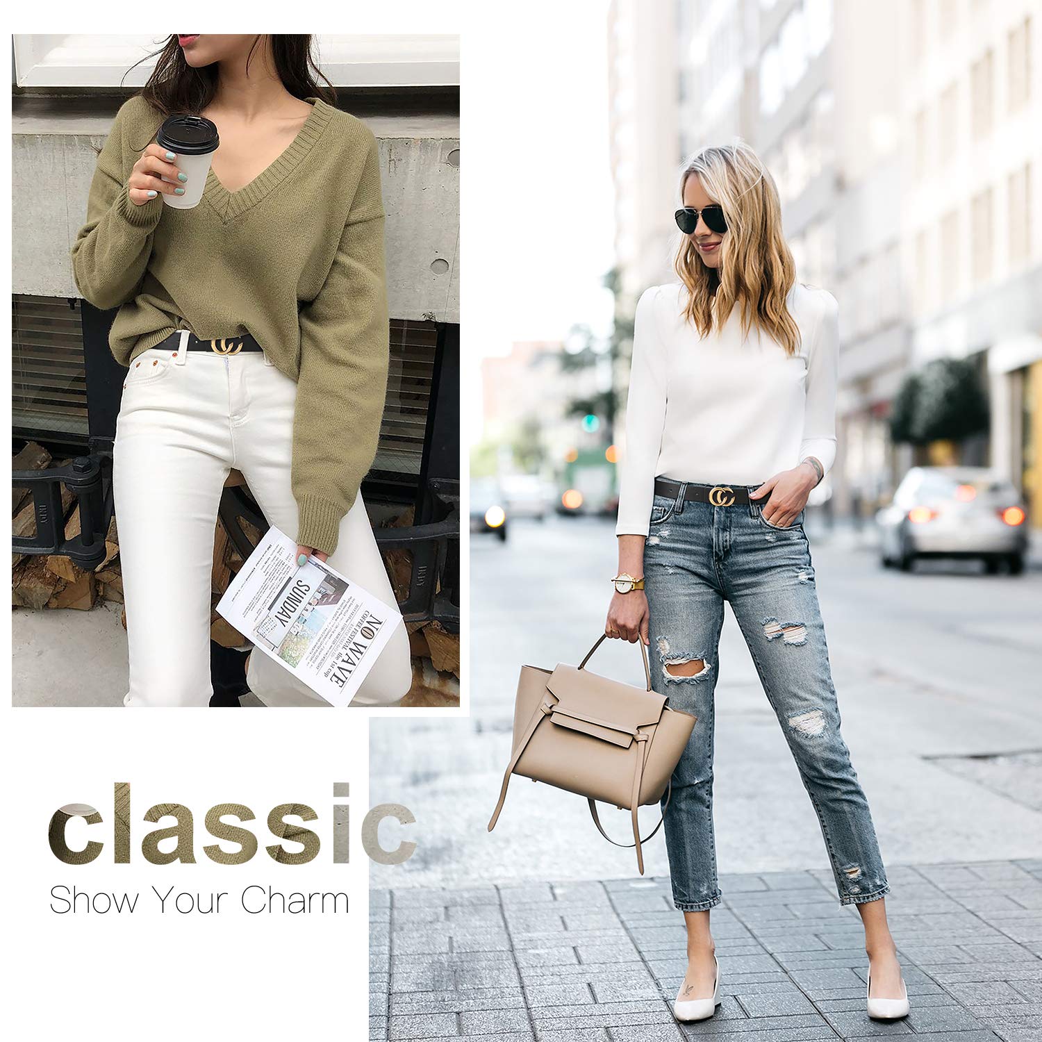 Women Genuine Leather Belt Ladies Skinny Dress Belt Fashion Waist Belt with Gold Buckle for Jeans Pants Skirt, Black, Suit for Pants 27\