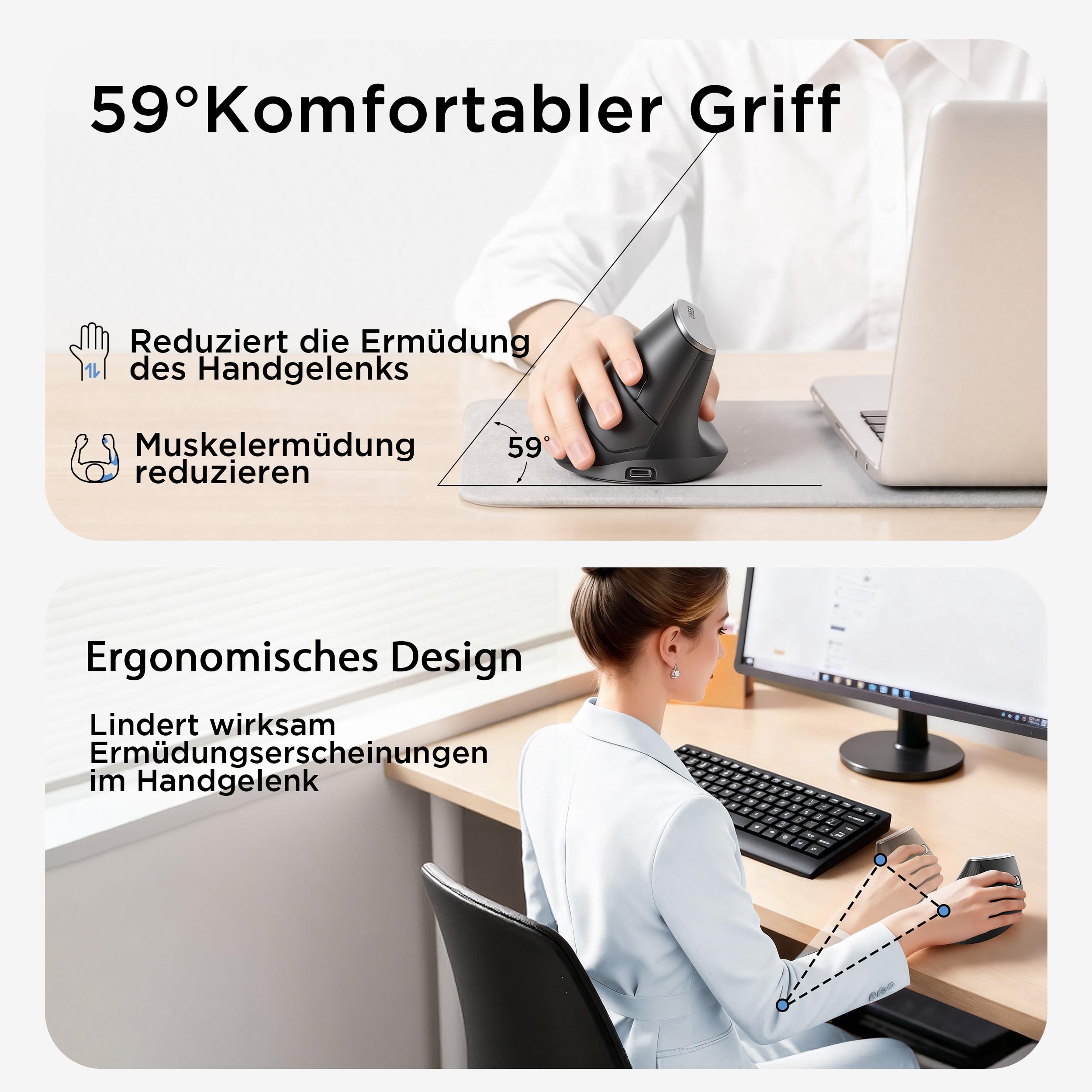 Uineer kabellose Maus, Multi-Device Tri-Mode Maus, sichtbare Leistungsstufe (2.4G+BT4.0/BT5.0) Wiederaufladbare Wireless Mouse, 4 einstellbare DPIs, 6 Tasten, für Laptop, Desktop, PC (Schwarz) 3