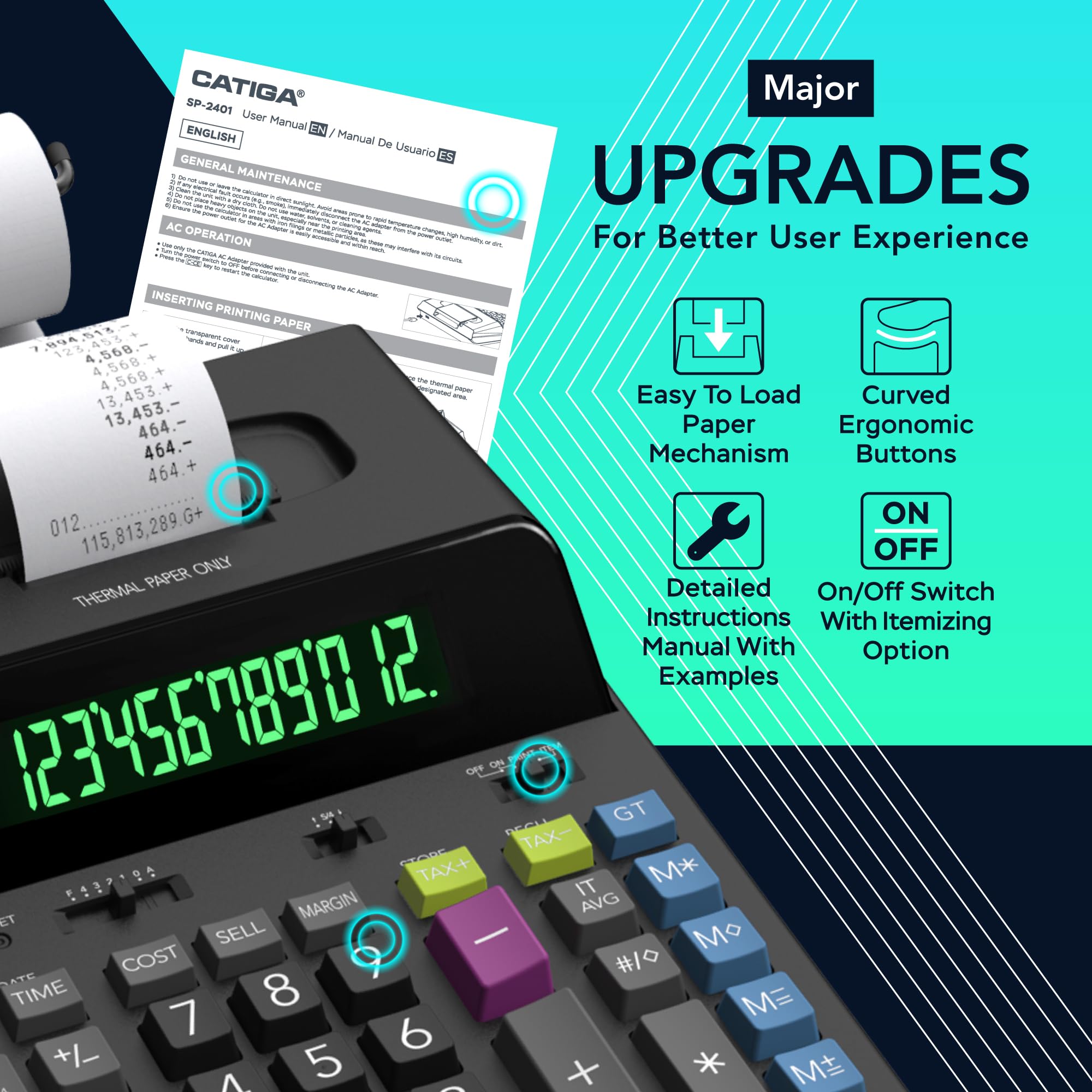 CATIGA 12 Digit Thermal Printing Calculator with Tape Print Out, Ink-Free Adding Machine, 5X Faster Quite at 8.0 LPS, Extra Large Fluorescent Display, Tax Calculation with Clock and Calendar, SP-2401