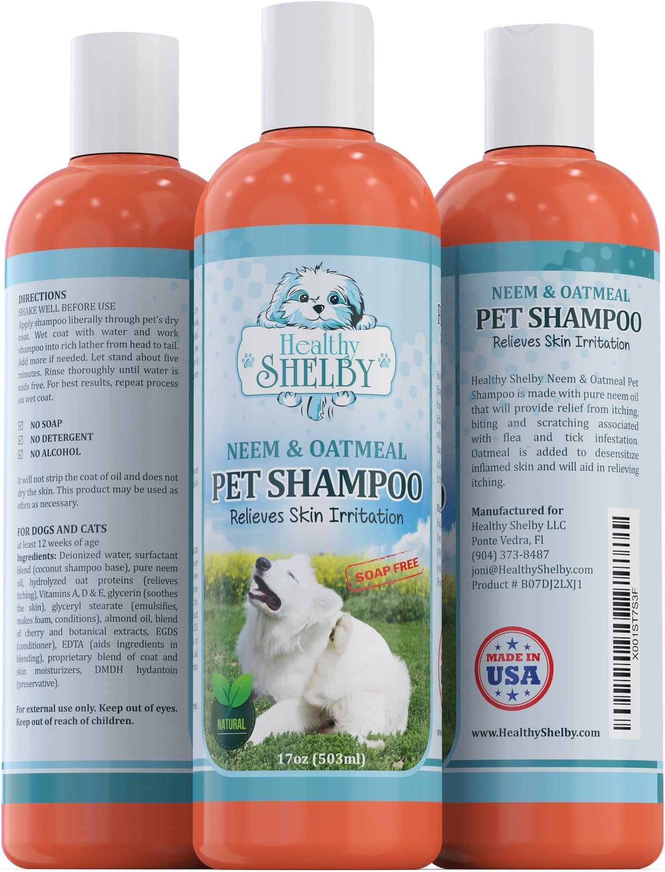 Healthy Shelby Neem & Oatmeal Pet Shampoo, Shampoo for Cats and Dogs, Soap and Detergent Free, Best Dog Shampoo for Itchy Skin, Dog Shampoo and Conditioner in One
