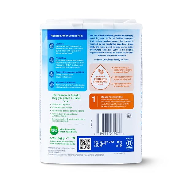 HAPPY BABY ORGANICS STAGE 1 INFANT FORMULA, 0-12 MONTHS, MILK BASED ORGANIC BABY FORMULA POWDER WITH IRON, PROBIOTICS & PREBIOTICS FOR IMMUNE & DIGESTIVE SUPPORT, 22.9 OUNCE (PACK OF 1)