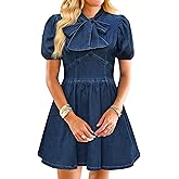 POLIRO Denim Dress for Women, Puff Long Sleeve Jean Dresses Bow Tie Babydoll Denim Mini Dress