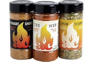 AC BBQ, LLC AC BARBEQUE TRIO SEASONING SET - The MVP, Midnight Smoke, Lemon Stepper BBQ Rubs Variety Spice Pack for Steaks, Chicken, Pork, Veggies, Wings, Burgers, Snacks - 3 x 5.2oz Bottles