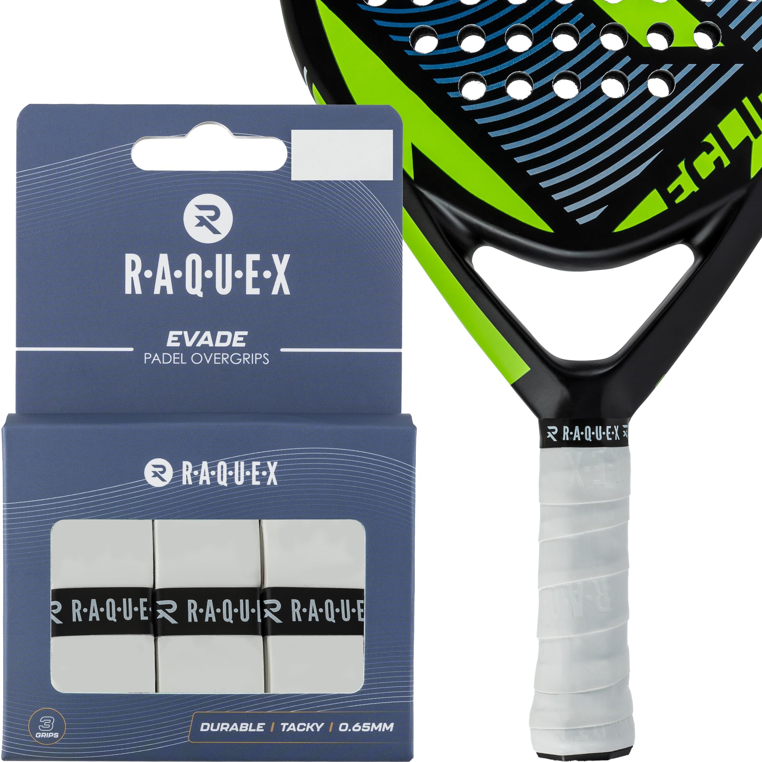Raquex Evade Padel Racket Overgrip – 10 Colours - 3 Pack Padel Ball or Pickleball Racquet Tape, 0.65mm Thickness – Absorbent, Slightly Tacky Anti Slip Over Grip (White)