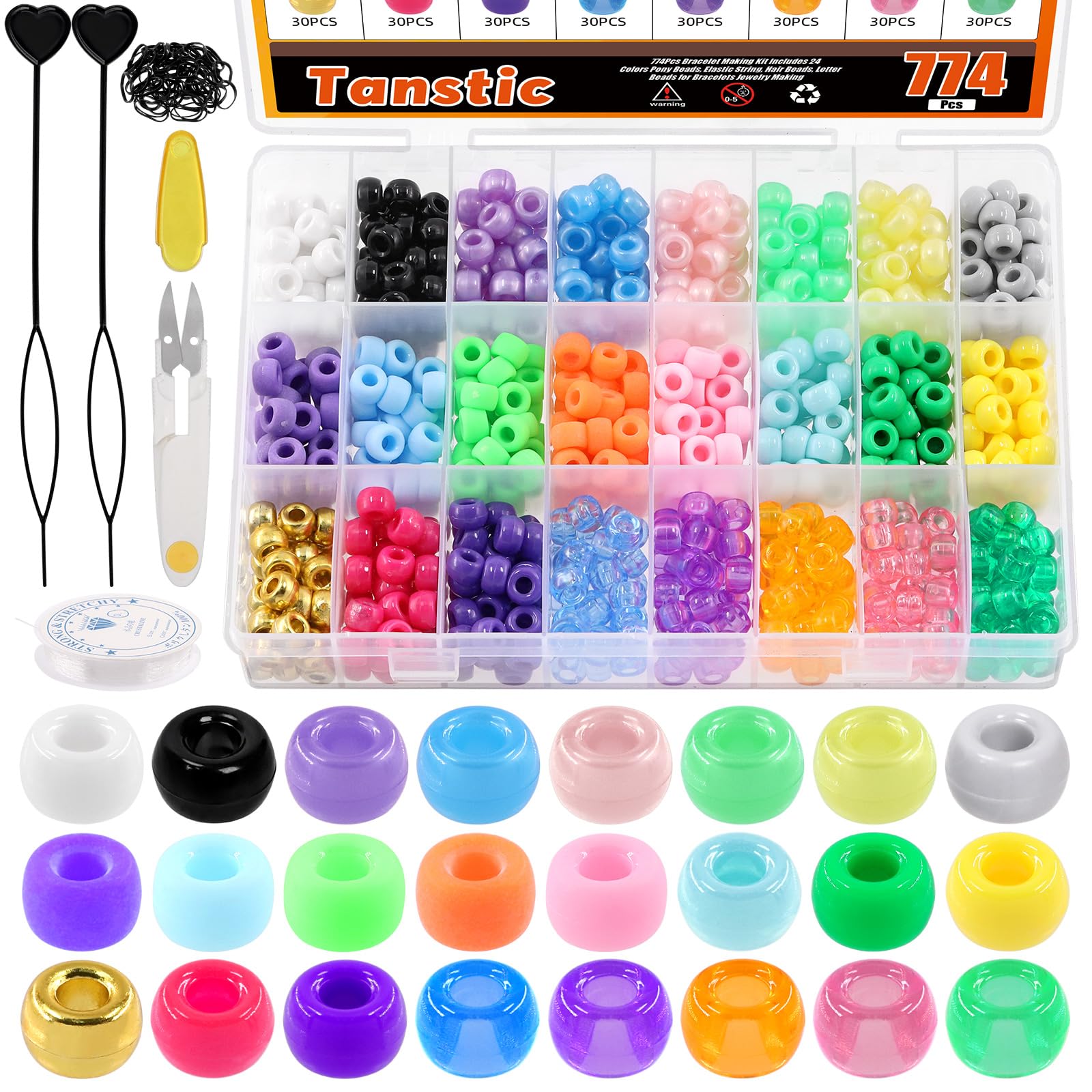 Tanstic 774Pccs Plastic Pony Beads Kit, 24 Colors 4 Styles Rainbow Kandi Beads with Hair Beader, Rubber Bands, Crystal String and Scissor for Braids, Bracelet Jewelry Making