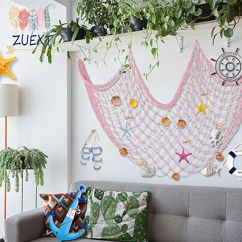ZUEXT Fish Net Decoration 80x40 Inch, Light Pick Cotton Mermaid Net w/Shells,Clips  & Anchors for Pirate, Hawaiian, Nautical & Beach Party, Sea Themed Fishnet  Decor Wall Hanging Fishing Net Picture in Saudi