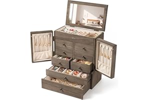 Emfogo Jewelry Box for Women Wooden Jewelry Boxes & Organizers 6-Layer Rustic Latest Large Jewelry Organizer Box with Mirror 