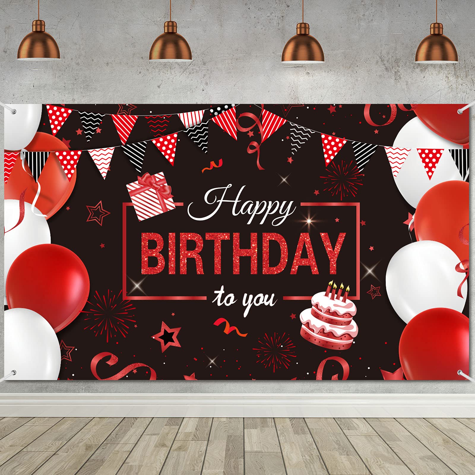Sumind Red and Black Birthday Backdrop Banner, Extra Large Happy Birthday Backdrop Banner Sign Party Decorations for Kids Men Women Anniversary, 72.8 x 43.3 Inch (Red with Black elements)