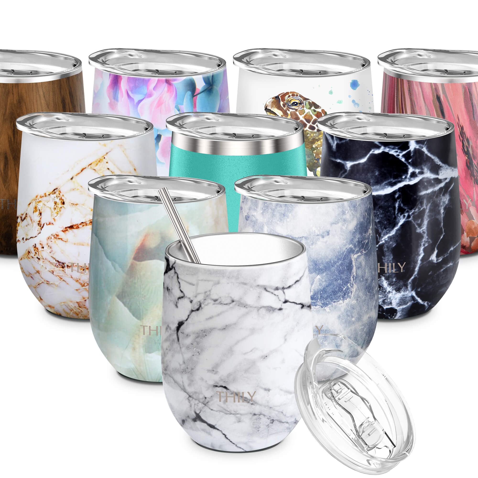 THILY Stainless Steel Stemless Wine Tumbler 350 ml Triple-Insulated Stemless Glass with Lid and Straw, Durable Reusable Travel Coffee Cup, Keep Hot or Cold for Coffee, Beer, Juice, White Marble