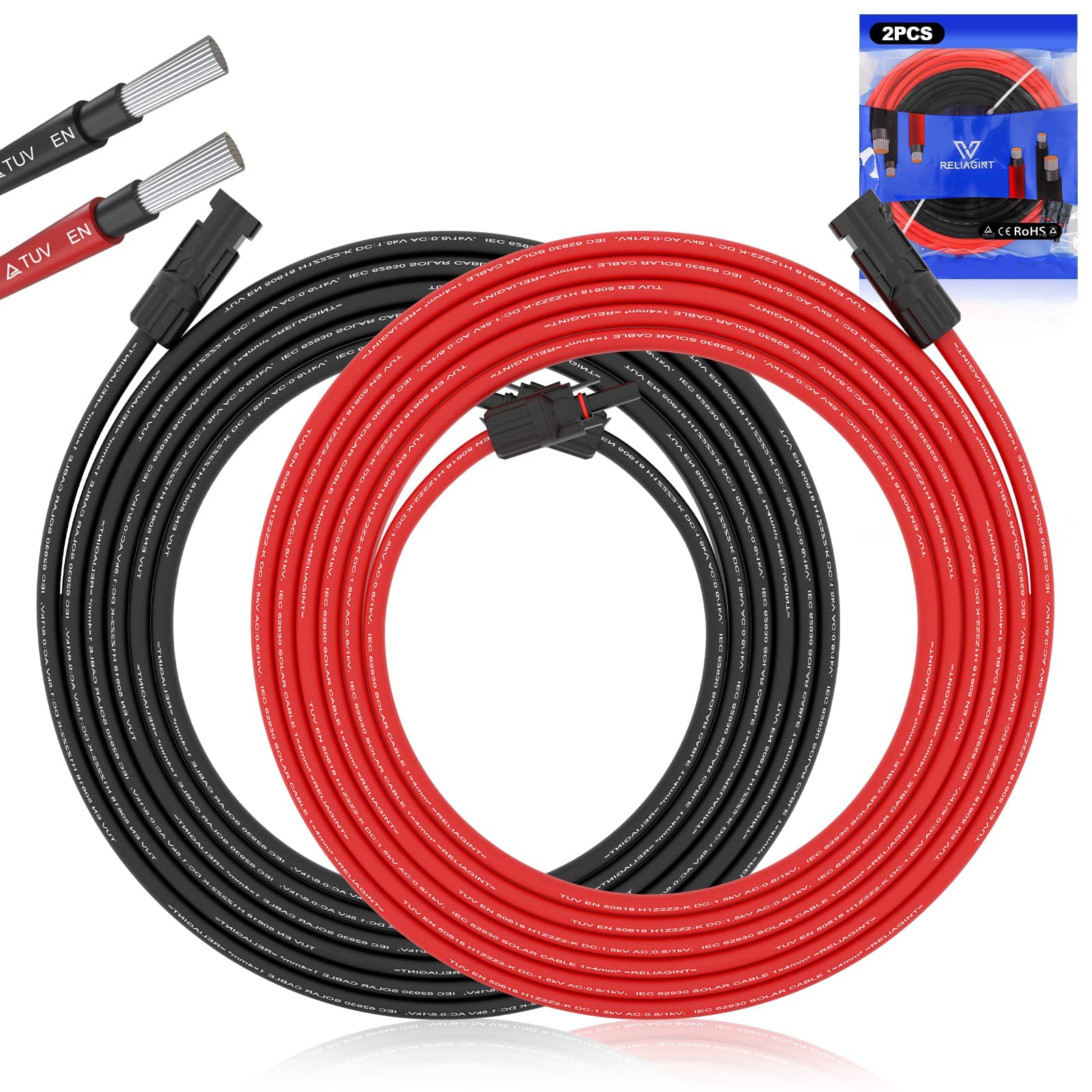 RELIAGINT Solar Extension Cable Wire Kit - Weatherproof, Tinned Copper Cable Connector - 9 AWG (6mm²) - 1.5m - 1,500V