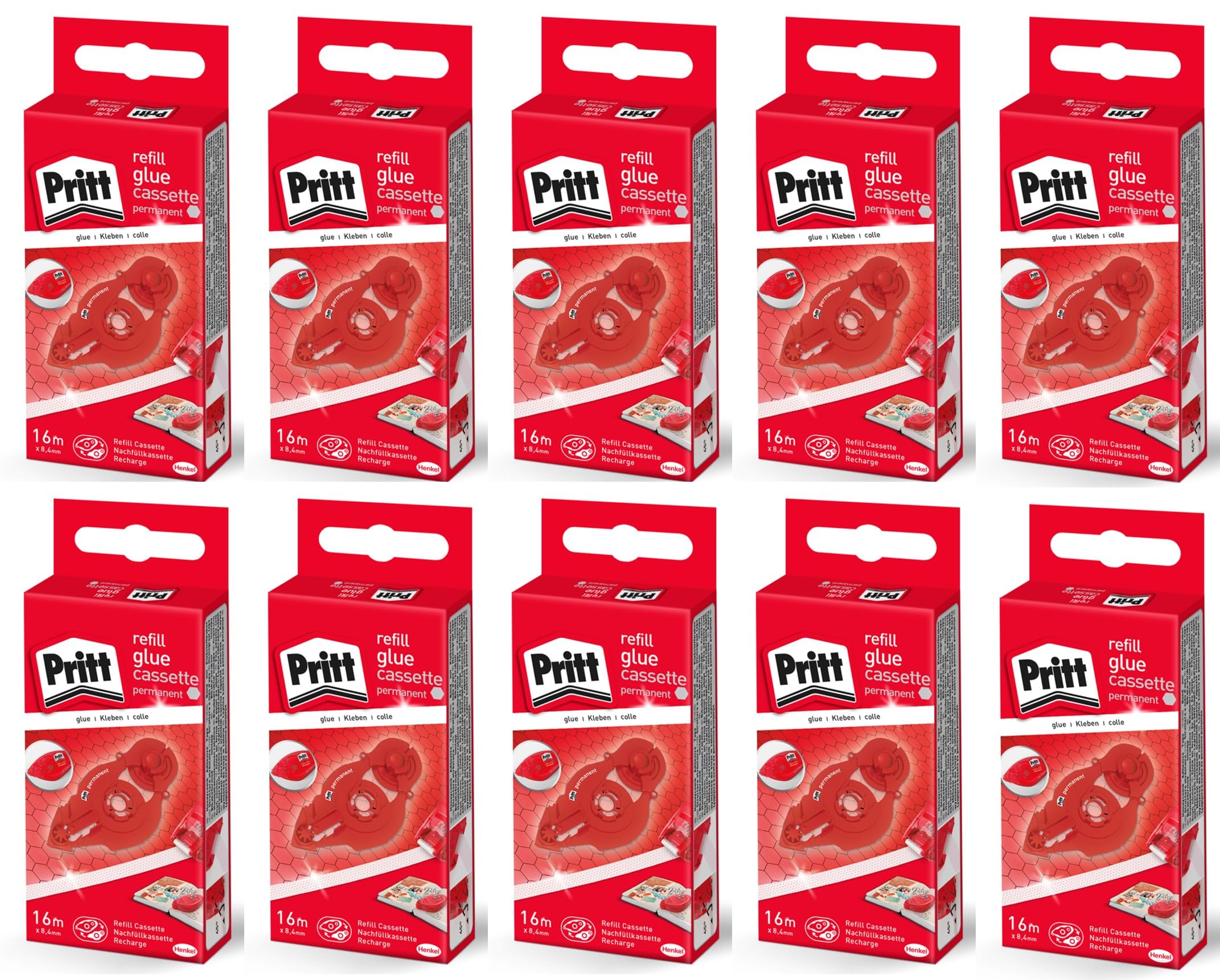Pritt 10 x Permanent Adhesive Tape Refills, Tape Length 16 m, Tape Width 8.4 mm, Pack of 10, Refill Cassette, Weiß