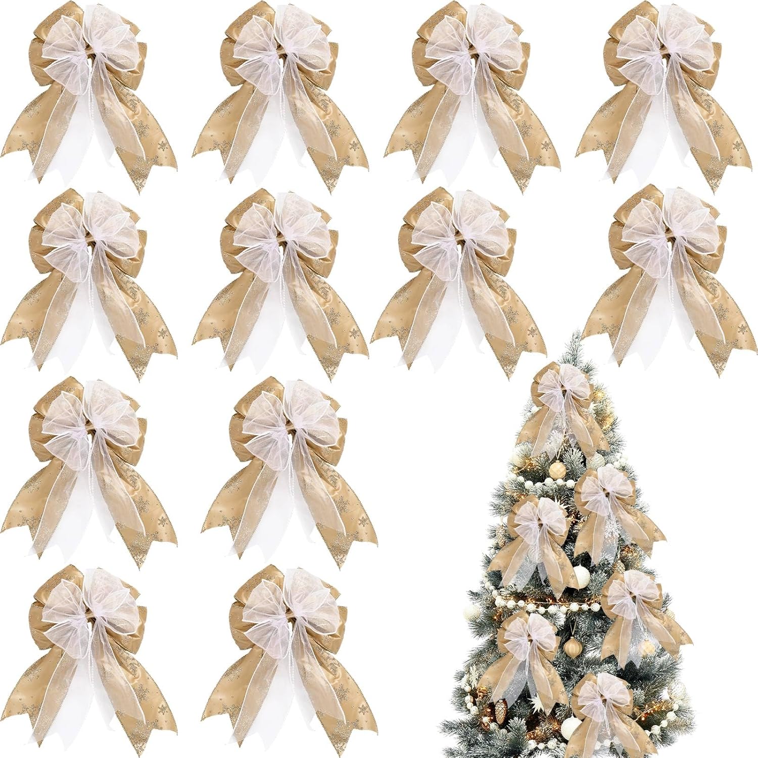 Bows & Ribbons - 12 Pieces Christmas Tree Ribbon Bow 6.3 x 9.5 Inch Patterned Ribbon Xmas Bow for Christmas Home Decoration(Champagne)
