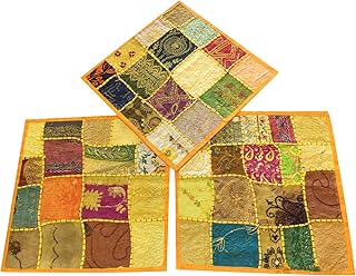 Set Of 3 Indian Cushion Covers Vintage Yellow Patchwork Decorative Pillow Cover Bohemian Decor