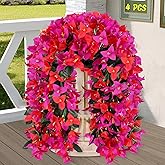 Alotiki Artificial Bougainvillea Flowers for Outdoor Plant,4 pcs Faux Hanging Flowers Bougainvillea for Outside Decoration,Fake Silk UV Resistant Vines for Front Door Porch(Rose red+Fuchsia)