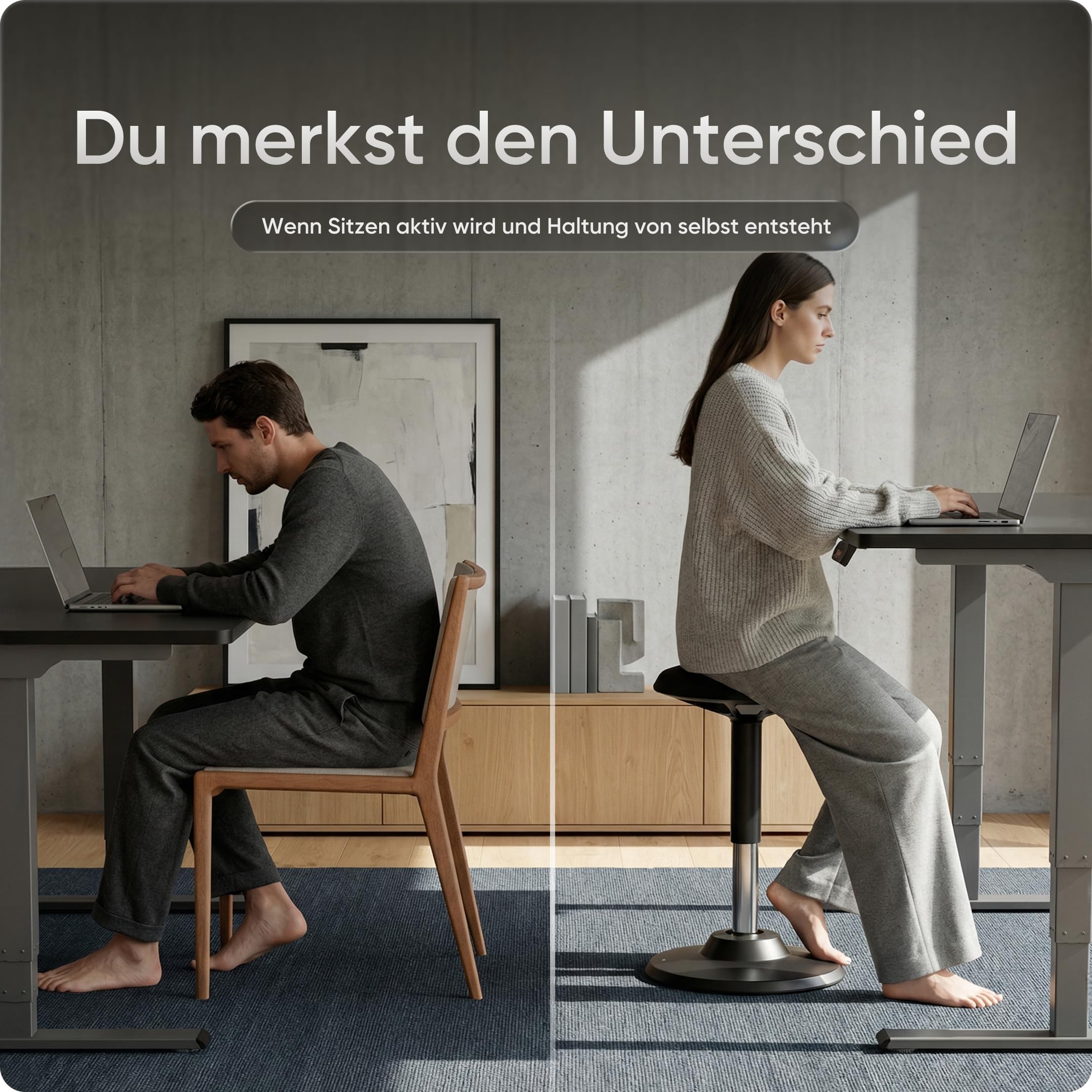 DESKSPACE Motion Sitzhocker - Stehhocker höhenverstellbar, ergonomischer Hocker bis 140kg mit CushCloud-Polsterung, Gasfeder & 3D-Sitzmechanik, Bürohocker ergonomisch, Wackelhocker Stehstuhl (Schwarz) 7