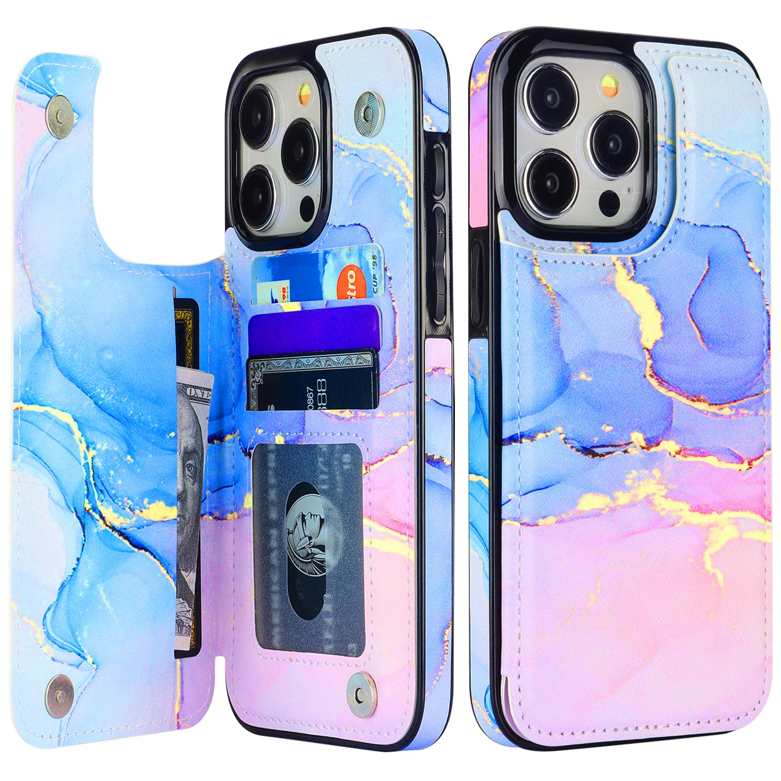 HAOPINSH for iPhone 15 Pro Max Wallet Case with Card Holder, Pink Blue Marble Pattern Back Flip Folio PU Leather Kickstand Card Slots Case for Women Girls, Double Magnetic Clasp Shockproof 6.7"