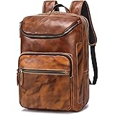 LANNSYNE Vegetable Tanned Leather Backpack For Men, 15.6" Leather Laptop Backpack Hiking Travel Bag Camping Rucksack