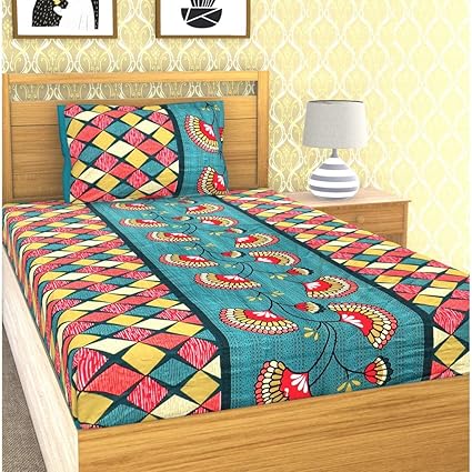 EMART Cotton, 120 TC, Single Bedsheet (220cm x 150cm) with One Pillow Cover (46cmx 68cm) Floral Checkered Print (Blue)
