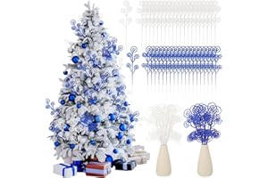 Riceshoot 50 Pcs Christmas Tree Picks and Sprays Artificial Glitter Stem Ornaments Curly Decorative Sticks for Vases Tall Candy Christmas Tree Twigs for Wedding Holiday Party Decoration(White,Blue)
